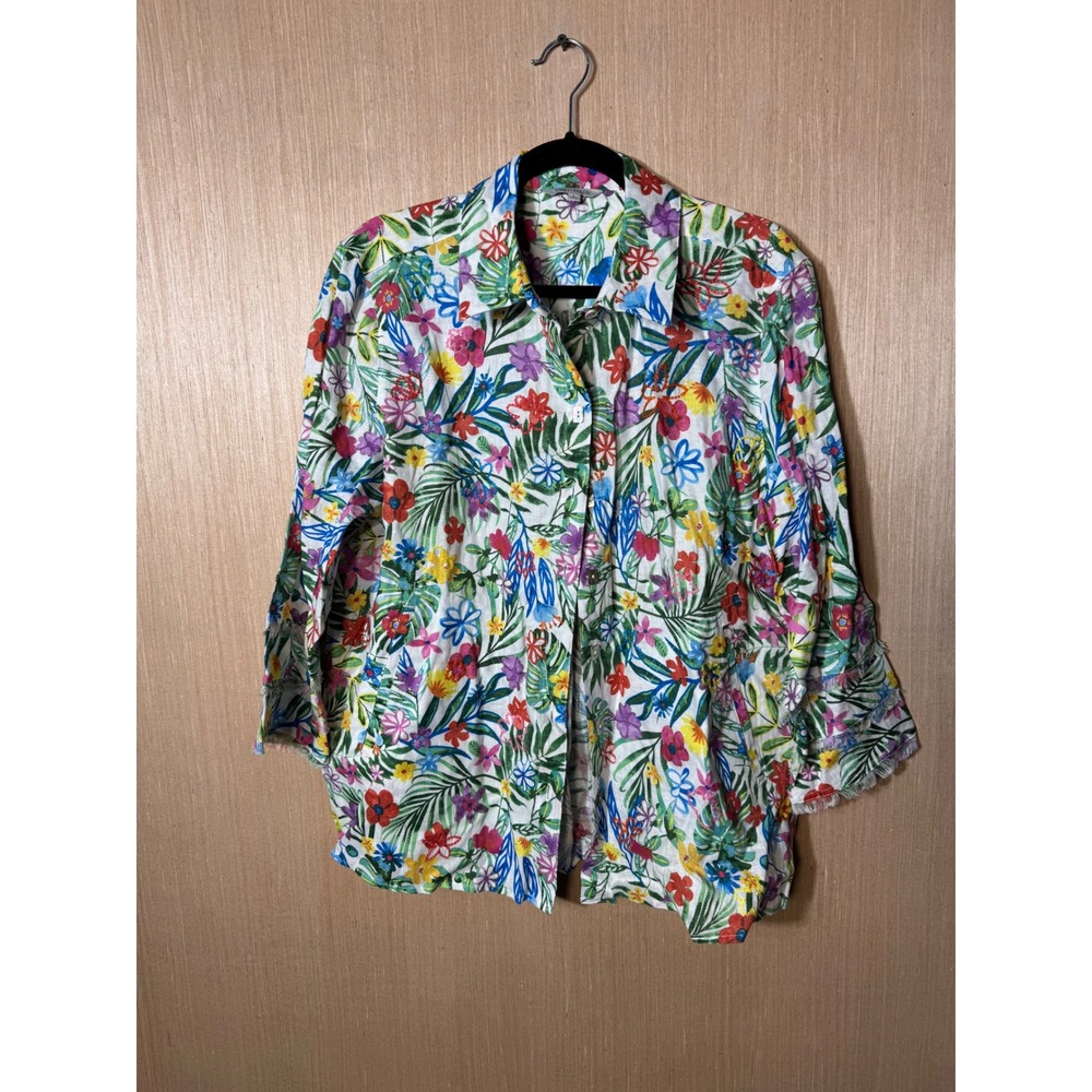 John Mark Linen‎ Floral Print Button Down Shirt Women Size L 3/4 Sleeve Fringed